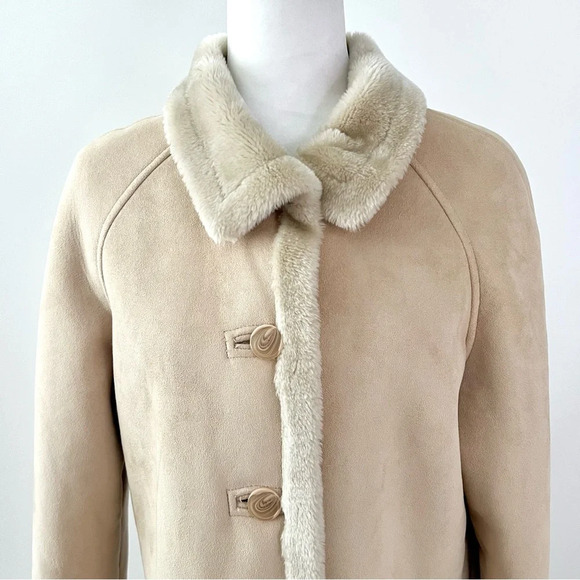 LARRY LEVINE | Faux Suede Shearling Fur Tan Beige Mid Length Coat Size Medium - Picture 3 of 10